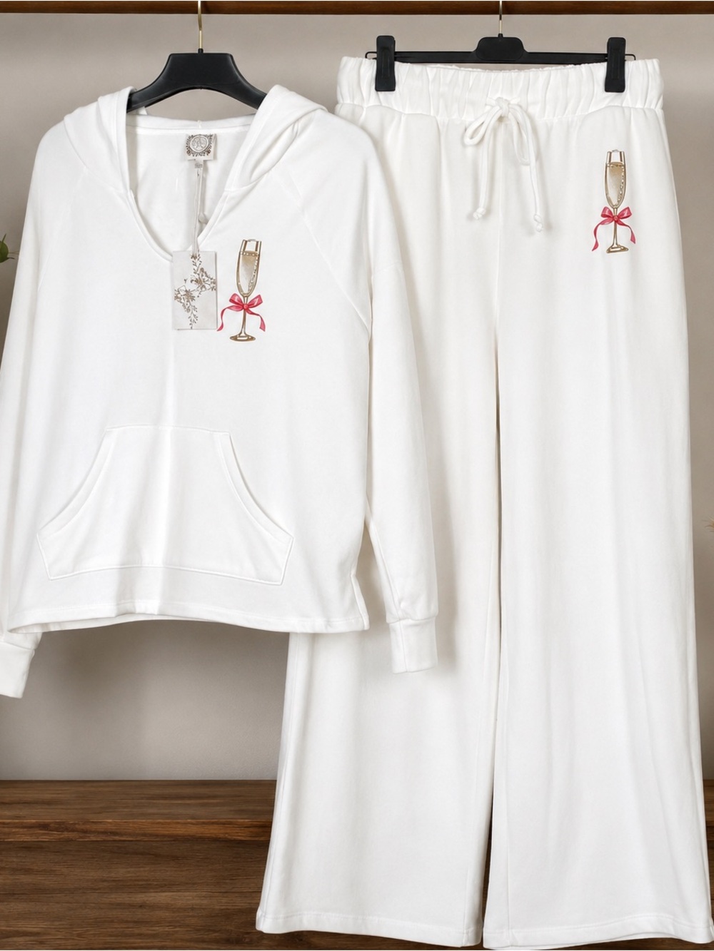 White Hooded Sweatshirt & pant set with Champagne Glass Embroidery - Picture 5 of 5